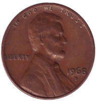 Монета 1 цент. 1968 год (D), США. Линкольн. Монета 1 цент. 1968 год (D), США. Линкольн.