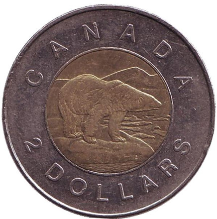 Монета 2 доллара, 2006 год, Канада. (Старый тип) Полярный медведь.