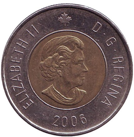 Монета 2 доллара. 2006 год, Канада. Полярный медведь. (Старый тип).