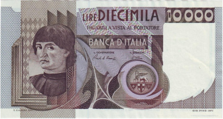 Банкнота 10000 лир. 1984 год, Италия.