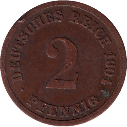 Монета 2 пфеннига. 1904 год (Е), Германская империя.
