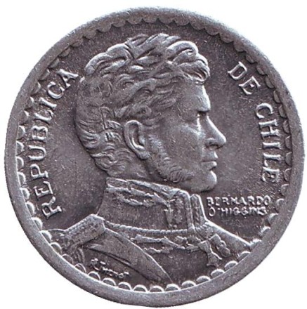 Монета 1 песо. 1954 год, Чили. aUNC. Бернардо О’Хиггинс. Монета 1 песо. 1954 год, Чили. aUNC. Бернардо О’Хиггинс.