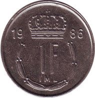 Монета 1 франк. 1986 год, Люксембург. Монета 1 франк. 1986 год, Люксембург.