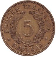 Монета 5 марок. 1935 год, Финляндия. Монета 5 марок. 1935 год, Финляндия.