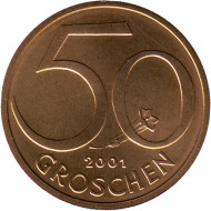 Монета 50 грошей. 2001 год, Австрия. Монета 50 грошей. 2001 год, Австрия.