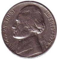 Монета 5 центов. 1974 год (D), США. Джефферсон. Монтичелло. Монета 5 центов. 1974 год (D), США. Джефферсон. Монтичелло.