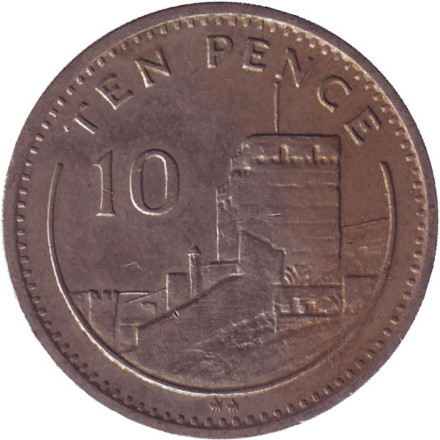 Монета 10 пенсов. 1988 год (AA), Гибралтар. Мавританский замок.