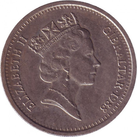 Монета 10 пенсов. 1988 год, Гибралтар. Мавританский замок. (AA).