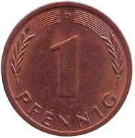 Монета 1 пфенниг. 1974 год (D), ФРГ. Дубовые листья. Монета 1 пфенниг. 1974 год (D), ФРГ. Дубовые листья.