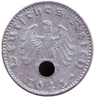 Монета 50 рейхспфеннигов. 1943 год, Германия (Третий Рейх). (J). Монета 50 рейхспфеннигов. 1943 год, Германия (Третий Рейх). (J).