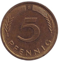 Монета 5 пфеннигов. 1981 год (G), ФРГ. Дубовые листья. Монета 5 пфеннигов. 1981 год (G), ФРГ. Дубовые листья.