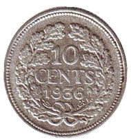 Монета 10 центов. 1936 год, Нидерланды. Монета 10 центов. 1936 год, Нидерланды.