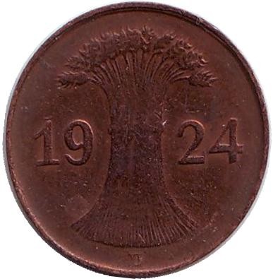 Монета 1 рейхспфенниг. 1924 год (D), Веймарская республика. Монета 1 рейхспфенниг. 1924 год (D), Веймарская республика.