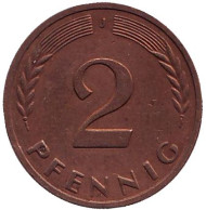 Монета 2 пфеннига. 1967 год (J), ФРГ. Дубовые листья. Монета 2 пфеннига. 1967 год (J), ФРГ. Дубовые листья.