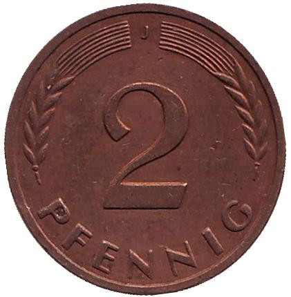 Монета 2 пфеннига. 1967 год (J), ФРГ. Дубовые листья.