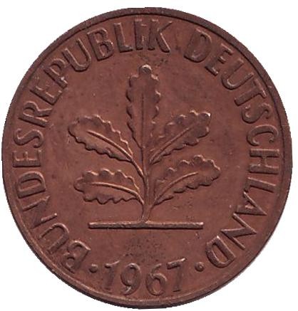 Монета 2 пфеннига. 1967 год (J), ФРГ. Дубовые листья.