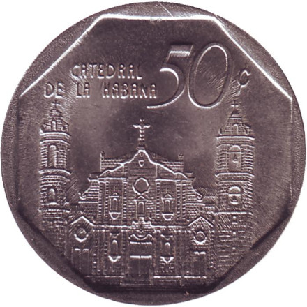 Монета 50 сентаво. 2016 год, Куба. Кафедральный собор Гаваны.
