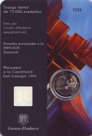 Монета 2 евро. 2018 год, Андорра. 25-летие Конституции Андорры. Монета 2 евро. 2018 год, Андорра. 25-летие Конституции Андорры.