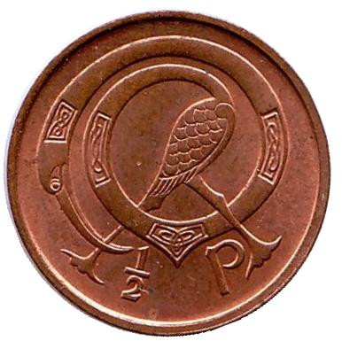Монета 1/2 пенни. 1975 год, Ирландия. aUNC. Птица. Ирландская арфа.