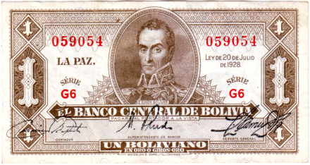 Банкнота 1 боливиано. 1928 год, Боливия. Номер 128а(6). Симон Боливар.