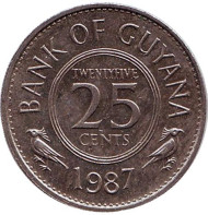 Монета 25 центов, 1987 год, Гайана. Птички. Монета 25 центов, 1987 год, Гайана. Птички.