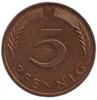 Дубовые листья. Монета 5 пфеннигов. 1982 год (J), ФРГ.