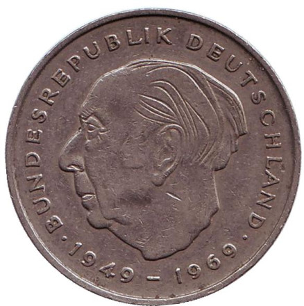 Монета 2 марки. 1970 год (G), ФРГ. Теодор Хойс.