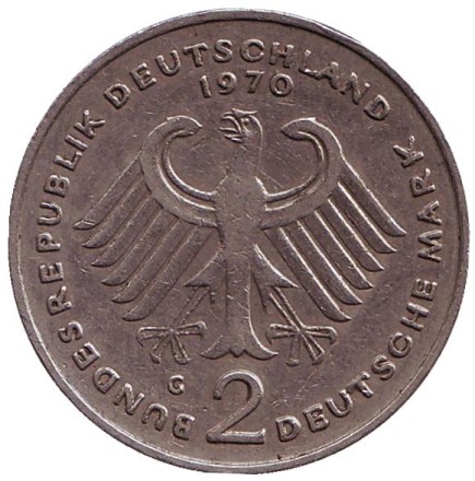 Монета 2 марки. 1970 год (G), ФРГ. Теодор Хойс. Монета 2 марки. 1970 год (G), ФРГ. Теодор Хойс.