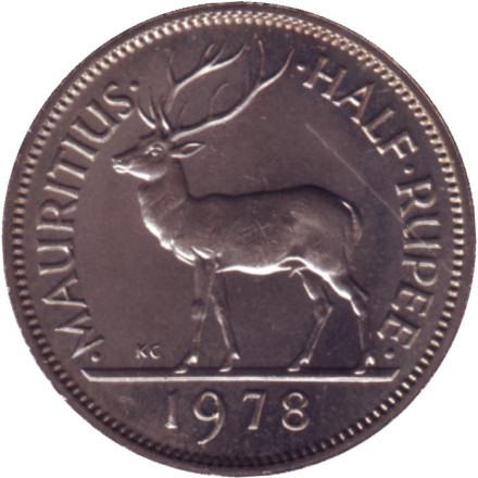 Монета 1/2 рупии. 1978 год, Маврикий. UNC. Олень.