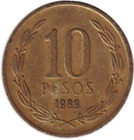 Монета 10 песо. 1989 год, Чили. Монета 10 песо. 1989 год, Чили.