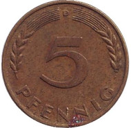Монета 5 пфеннигов. 1968 год (D), ФРГ. Дубовые листья.