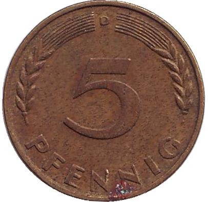 Монета 5 пфеннигов. 1968 год (D), ФРГ. Дубовые листья.