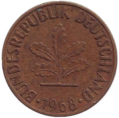 Монета 5 пфеннигов. 1968 год (D), ФРГ. Дубовые листья. Монета 5 пфеннигов. 1968 год (D), ФРГ. Дубовые листья.