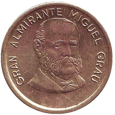 Монета 50 сентимов. 1986 год, Перу. Мигель Грау.