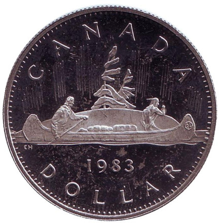 Монета 1 доллар. 1983 год, Канада. Proof. Индейцы в каноэ.