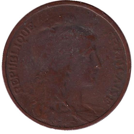 Монета 5 сантимов. 1917 год, Франция. (Старый тип: Без отверстия в центре)