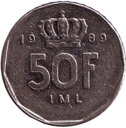 Монета 50 франков. 1989 год, Люксембург. (Старый тип)