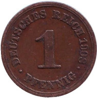Монета 1 пфенниг. 1908 год (F), Германская империя. Монета 1 пфенниг. 1908 год (F), Германская империя.