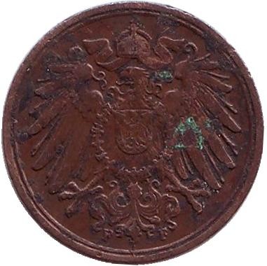 Монета 1 пфенниг. 1908 год (F), Германская империя. Монета 1 пфенниг. 1908 год (F), Германская империя.