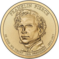 14-й президент США. Франклин Пирс. Монетный двор P. 1 доллар, 2010 год, США. 14-й президент США. Франклин Пирс. Монетный двор P. 1 доллар, 2010 год, США.