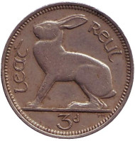 Монета 3 пенса. 1966 год, Ирландия. Заяц.