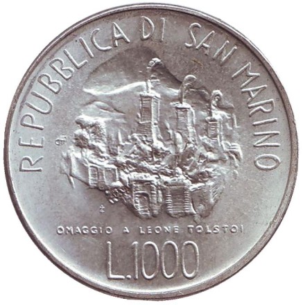 Монета 1000 лир. 1978 год, Сан-Марино. 150 лет со дня рождения Льва Николаевича Толстого. Монета 1000 лир. 1978 год, Сан-Марино. 150 лет со дня рождения Льва Николаевича Толстого.