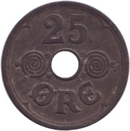 Монета 25 эре. 1943 год, Дания. Монета 25 эре. 1943 год, Дания.