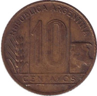 Монета 10 сентаво. 1948 год, Аргентина. Монета 10 сентаво. 1948 год, Аргентина.