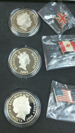 Набор из 3-х монет номиналом 5 фунтов Гернси, Олдерни, Джерси. 2004 год. 60 лет высадки в Нормандии. D-Day.