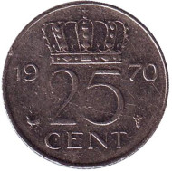 Монета 25 центов. 1970 год, Нидерланды. Монета 25 центов. 1970 год, Нидерланды.