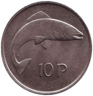 Монета 10 пенсов. 1980 год, Ирландия. Лосось. Монета 10 пенсов. 1980 год, Ирландия. Лосось.