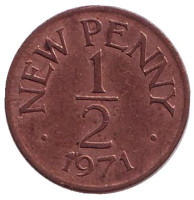 Монета 1/2 нового пенни. 1971 год, Гернси.
