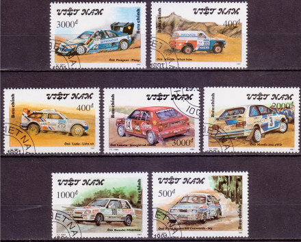 Раллийные автомобили. Марки почтовые. Серия из 7 штук. 1991 год, Вьетнам.