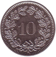 Монета 10 раппенов. 1989 год, Швейцария. Монета 10 раппенов. 1989 год, Швейцария.